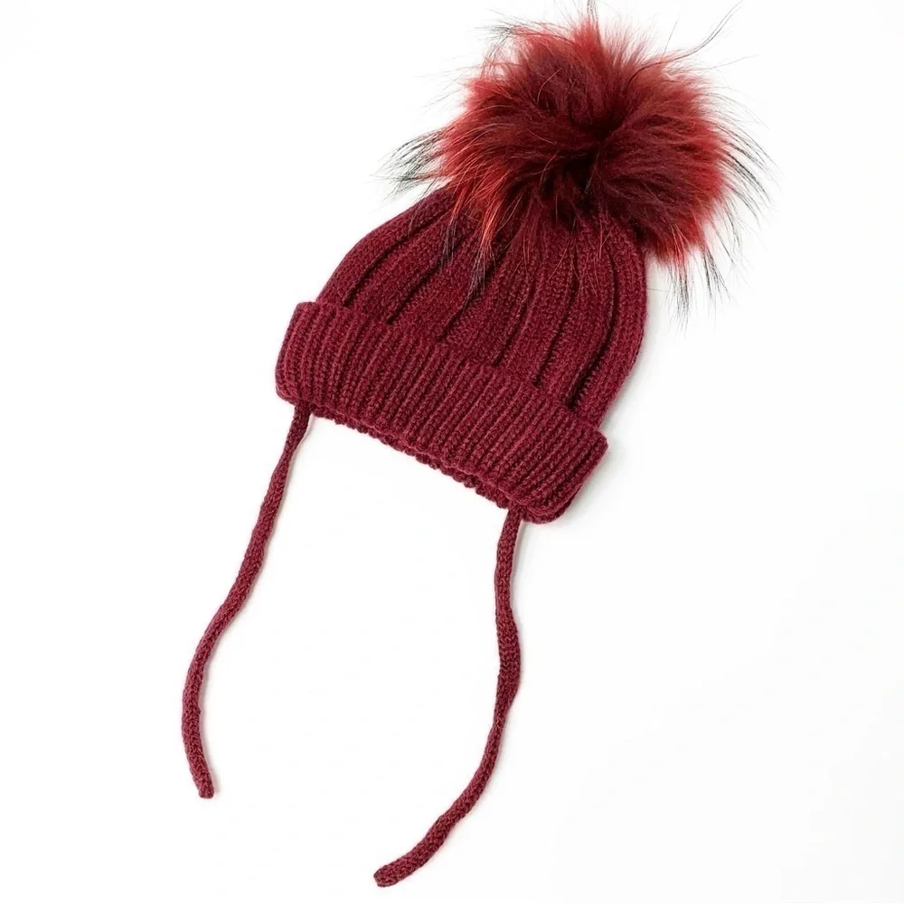 Burgundy Kids Beanie With Fur Pom Pom size Small